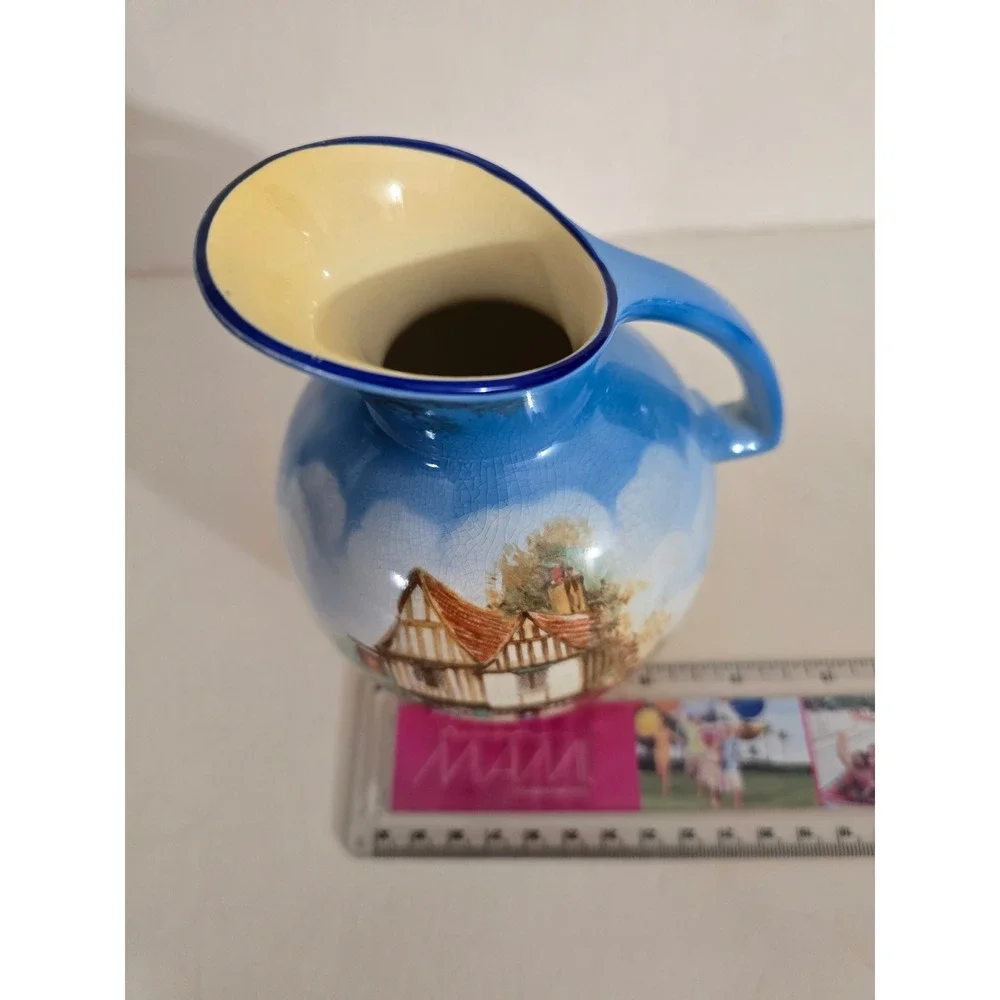 Vintage Falcon Ware England Cottage Scene Blue Ceramic Pitcher Jug 5030‎